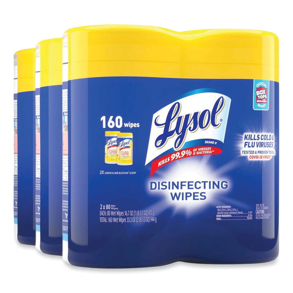 Disinfecting Wipes, 1-Ply, 7 x 7.25, Lemon and Lime Blossom, White, 80 Wipes/Canister, 2 Canisters/Pack - 