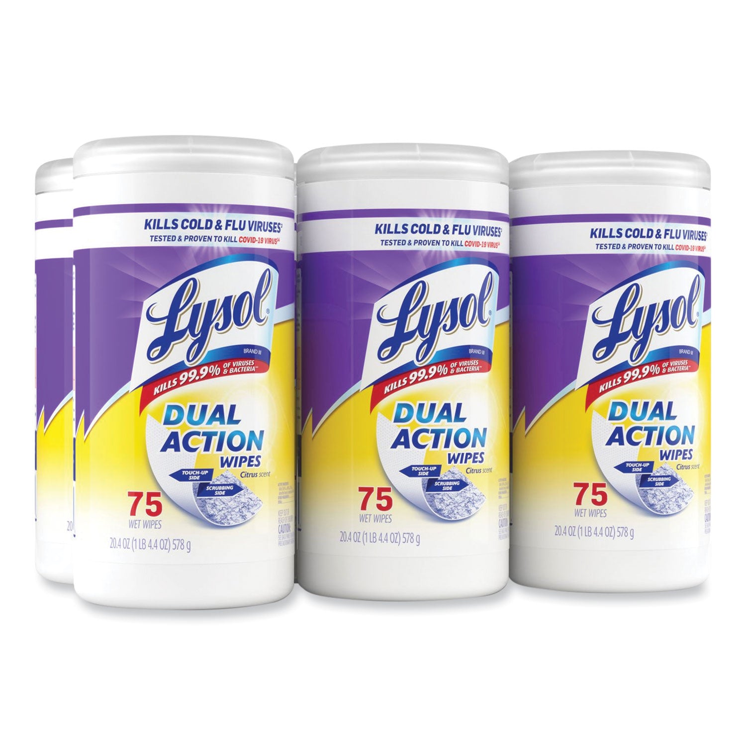 Dual Action Disinfecting Wipes, 1-Ply, 7 x 7.5, Citrus, White/Purple, 75/Canister - 