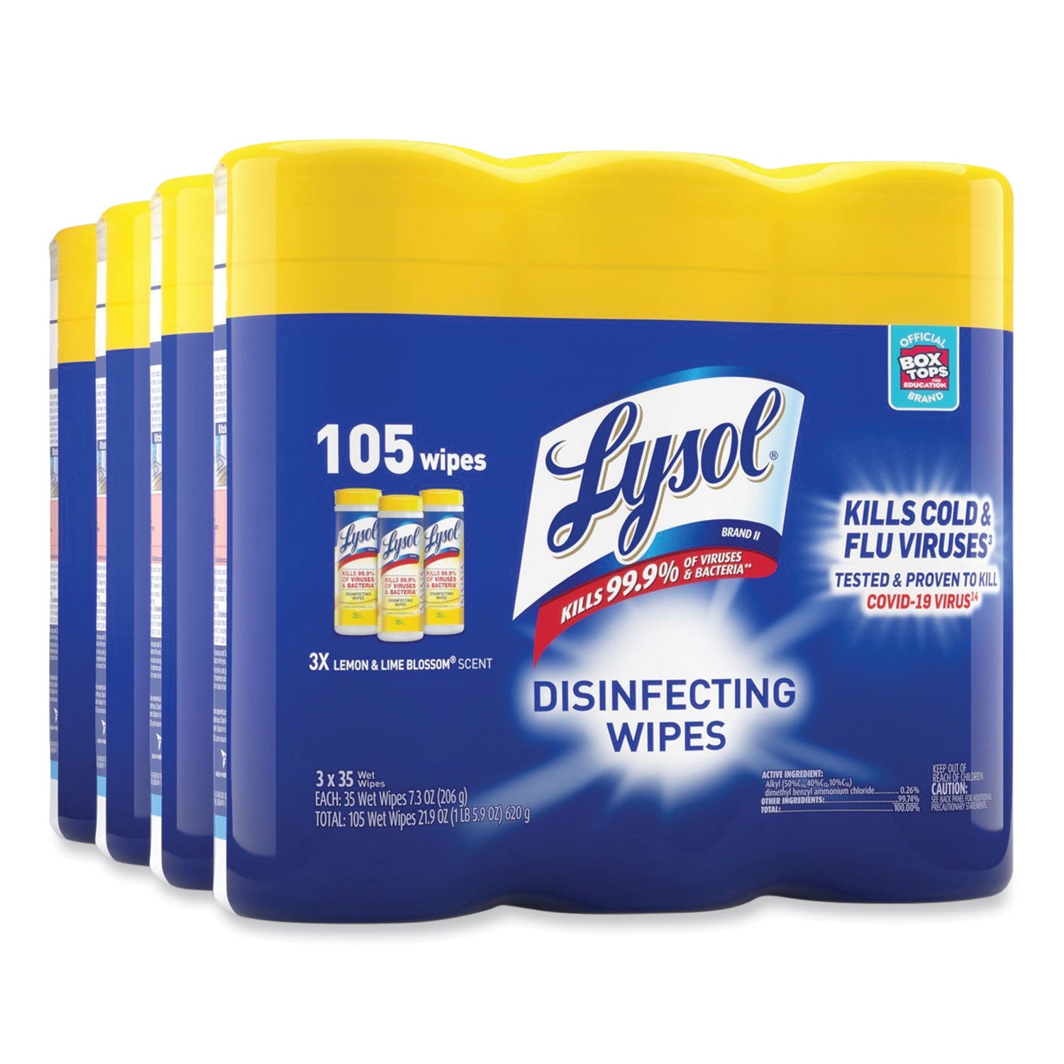 Disinfecting Wipes, 1-Ply, 7 x 7.25, Lemon and Lime Blossom, White, 35 Wipes/Canister, 3 Canisters/Pack, 4 Packs/Carton - 