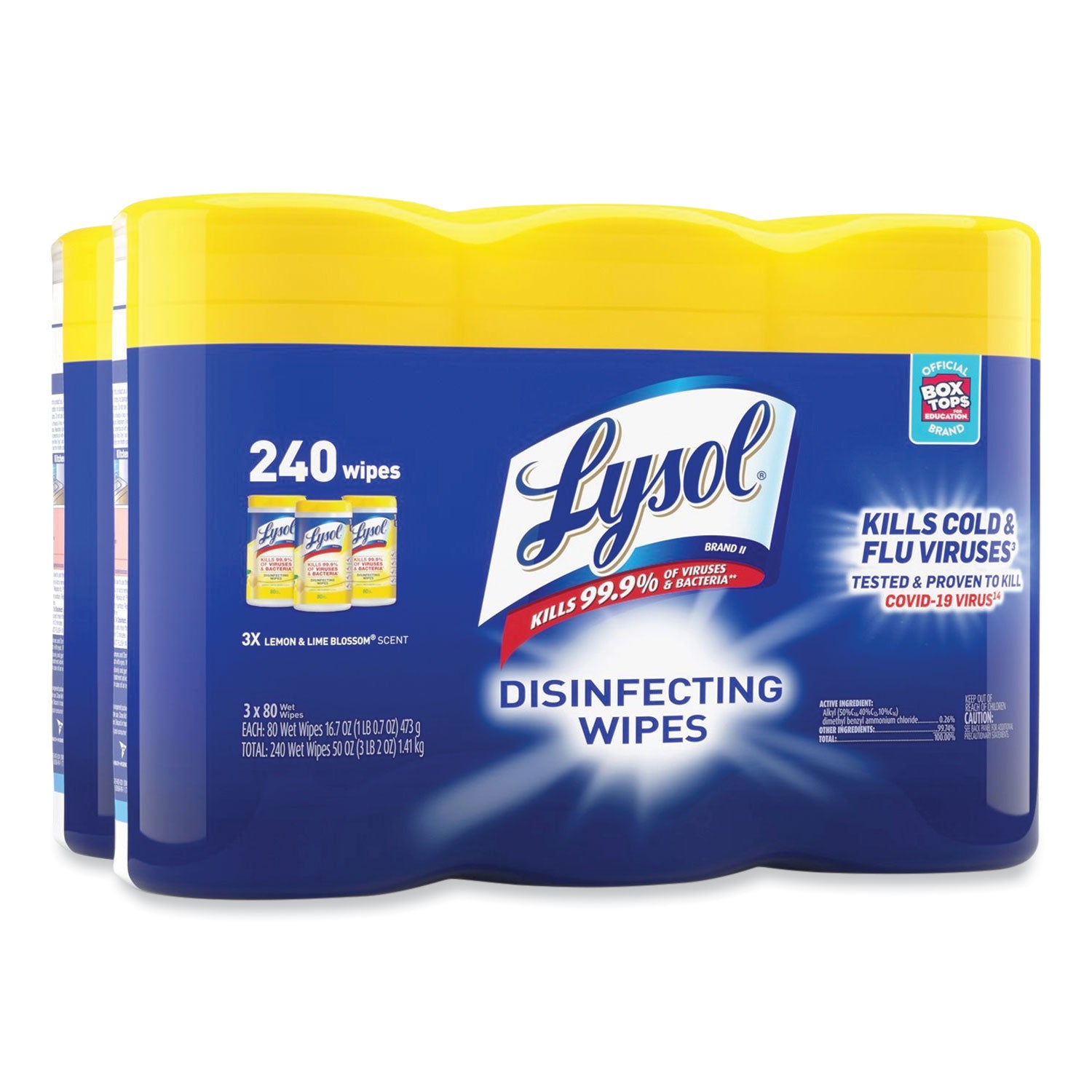 Disinfecting Wipes, 1-Ply, 7 x 7.25, Lemon and Lime Blossom, White, 80 Wipes/Canister, 3 Canisters/Pack, 2 Packs/Carton - 