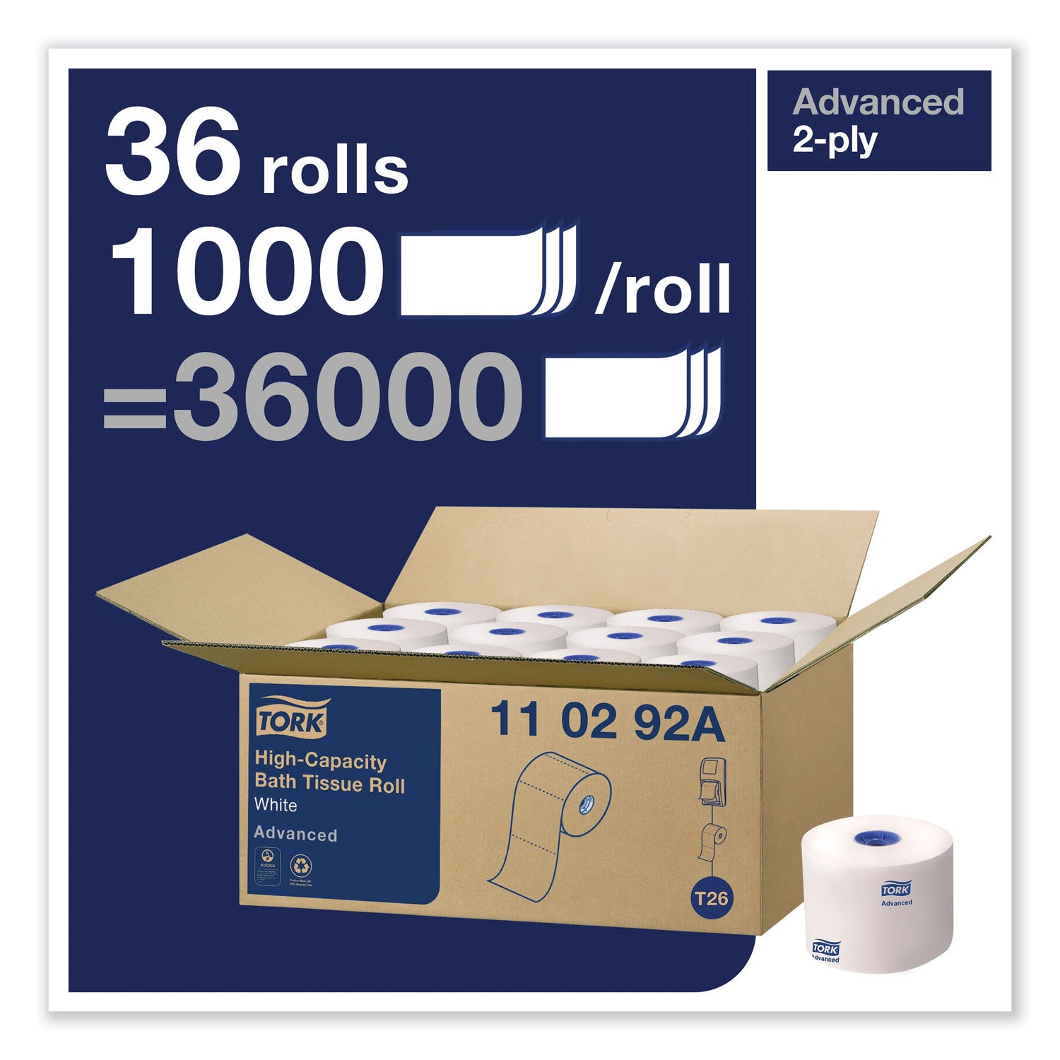 Advanced High Capacity Bath Tissue, Septic Safe, 2-Ply, White, 1,000 Sheets/Roll, 36/Carton