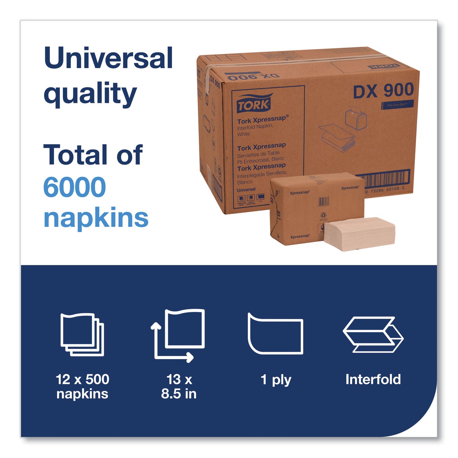 Xpressnap Interfold Dispenser Napkins, 1-Ply, Bag-Pack, 13 x 8.5", White, 6000/Carton