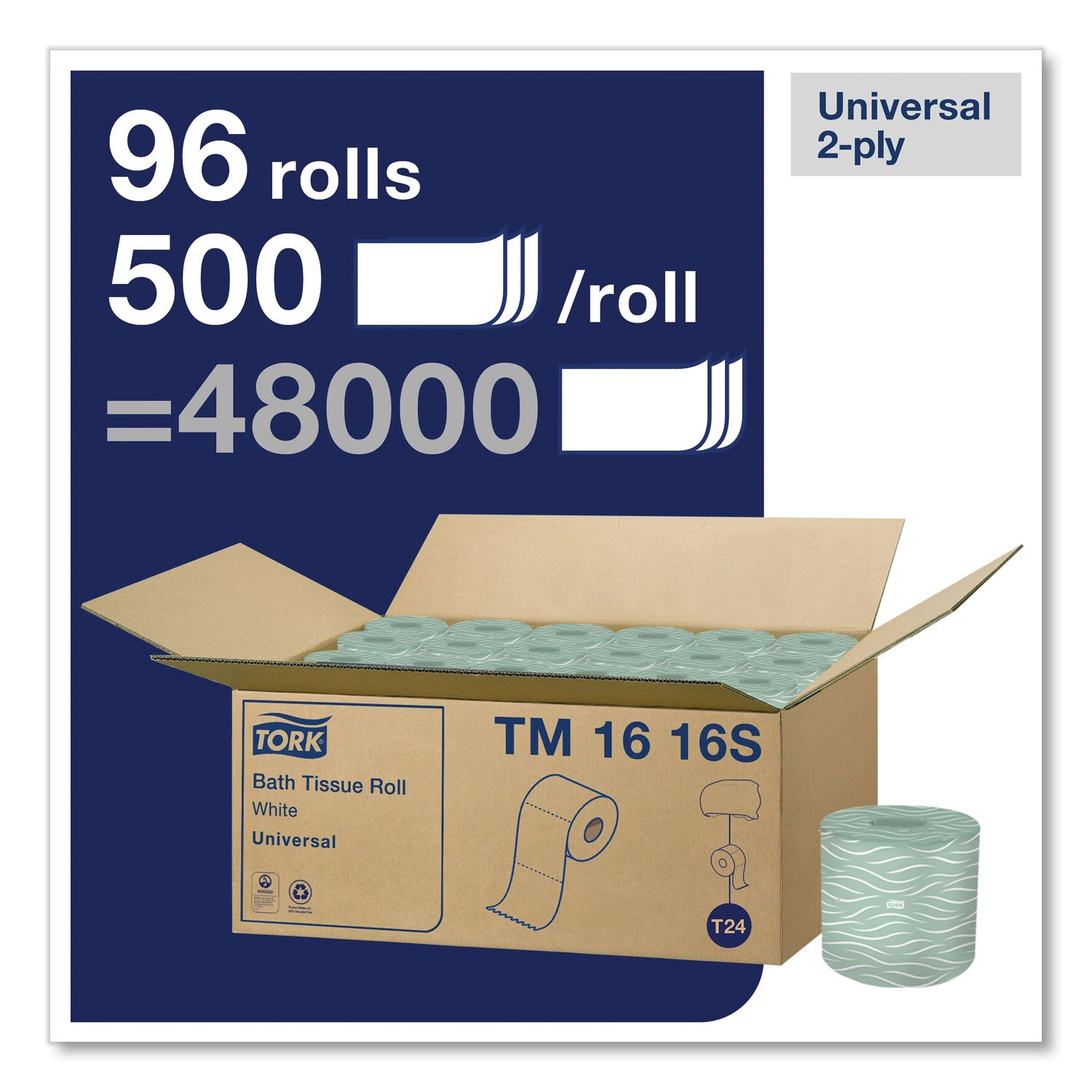 Universal Bath Tissue, Septic Safe, 2-Ply, White, 500 Sheets/Roll, 96 Rolls/Carton