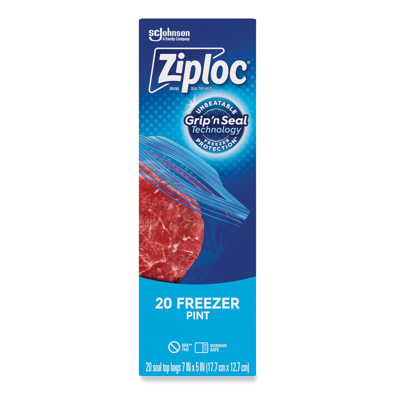 Ziploc Grip n' Seal Freezer Bags - 5" Width x 7" Length - Blue - Plastic - 20/Box - Food, Meat, Poultry, Fish
