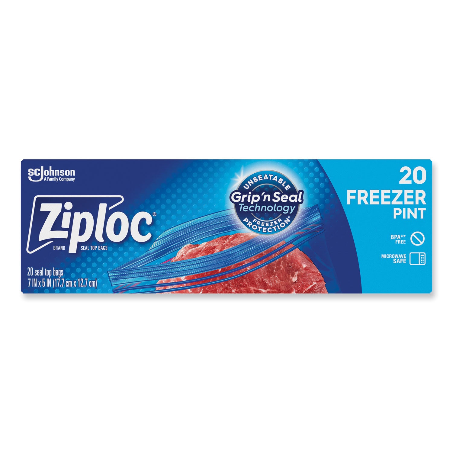 Ziploc Grip n' Seal Freezer Bags - 5" Width x 7" Length - Blue - Plastic - 20/Box - Food, Meat, Poultry, Fish