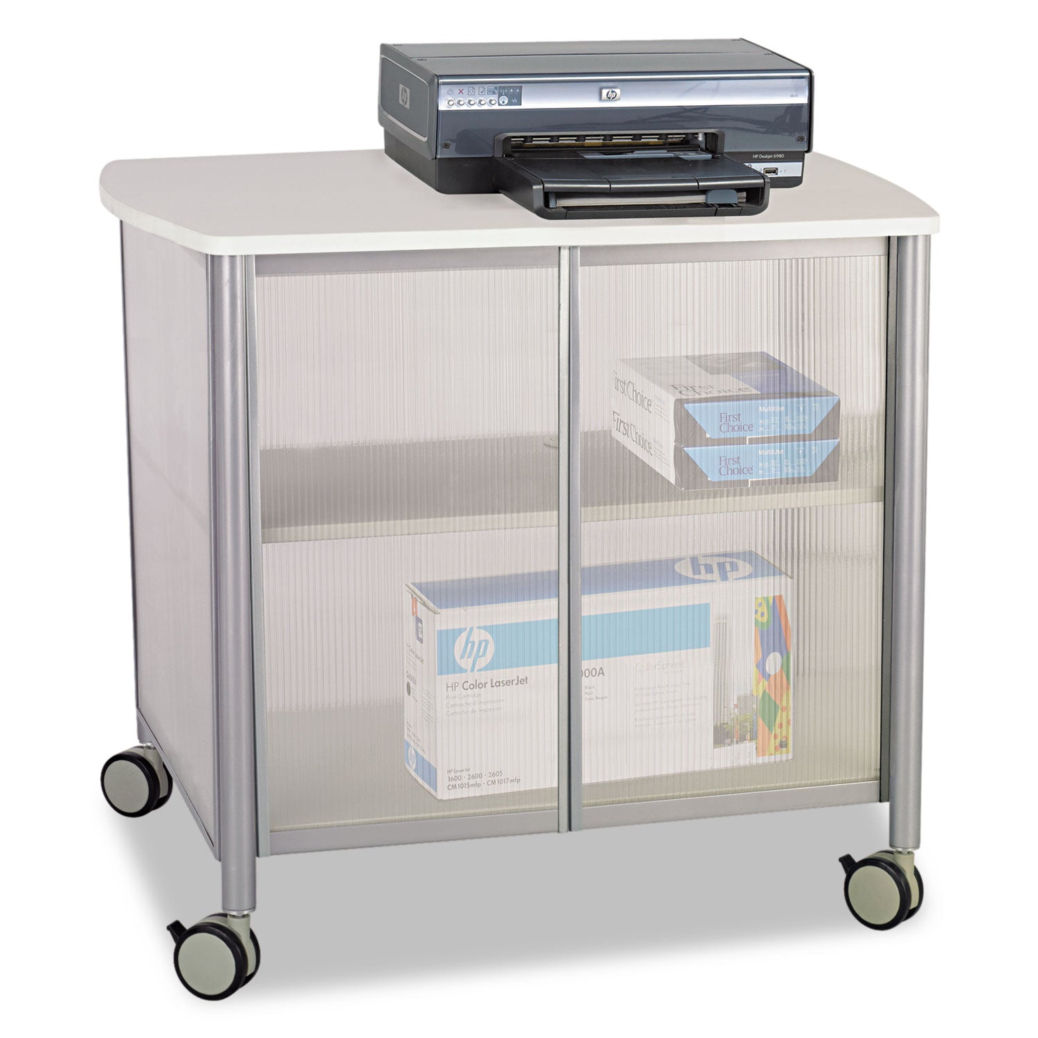 Impromptu Deluxe Machine Stand with Doors, Engineered Wood, 3 Shelves, 34.75" x 25.5" x 30.75", Gray