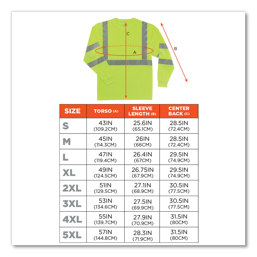 GloWear 8391 Class 3 Hi-Vis Long Sleeve Shirt, Polyester, Lime, Large, Ships in 1-3 Business Days