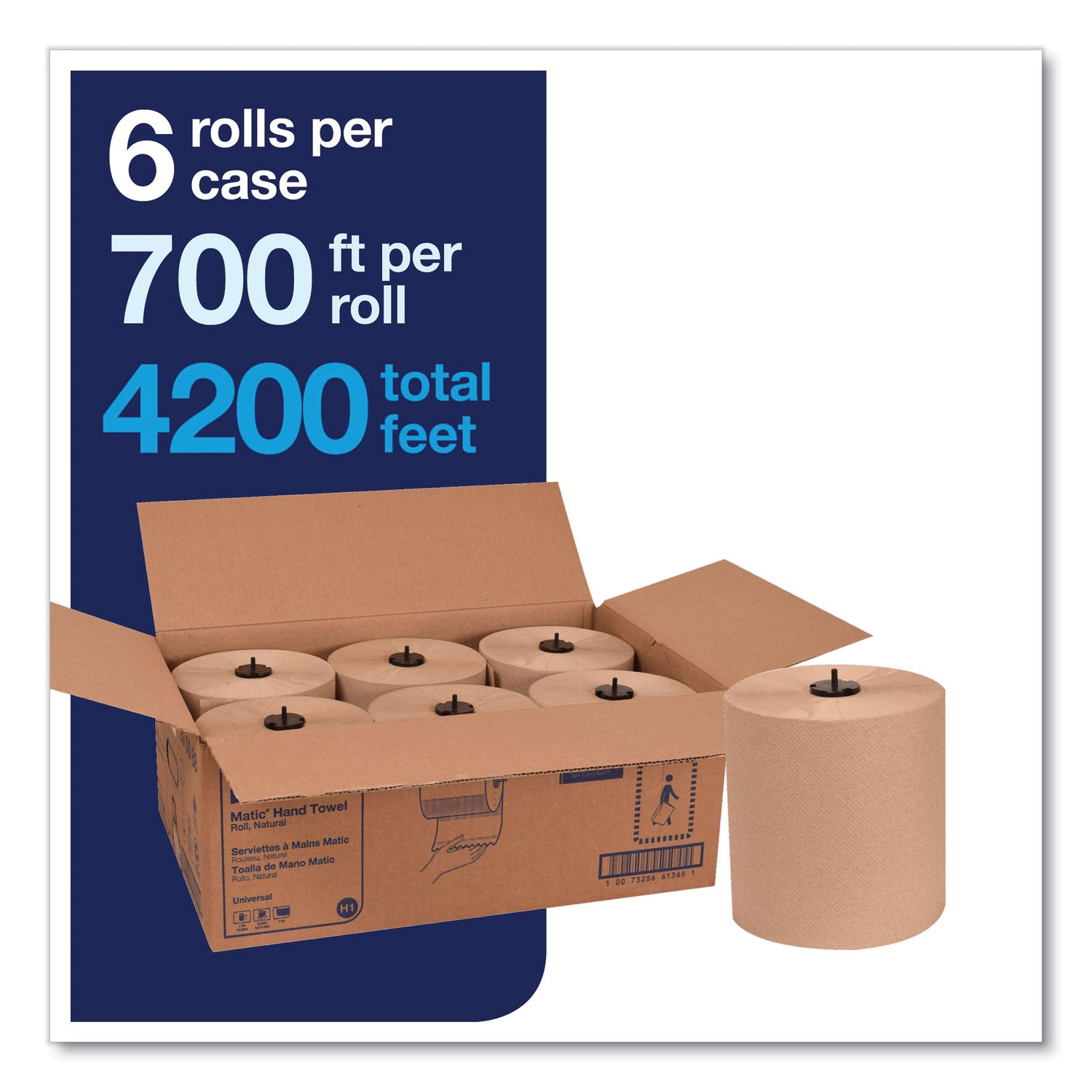 Matic Hardwound Roll Towel, 1-Ply, 7.7" x 700 ft, Natural, 857/Roll, 6 Rolls/Carton