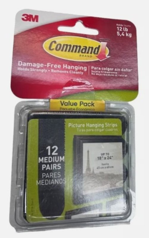 Picture Hanging Strips, Value Pack, Medium, Removable, Holds Up to 12 lbs, 0.75 x 2.75, Black, 12 Pairs/Pack