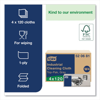 TORK Industrial Cleaning Cloth Gray W4 - 1 Ply - 13.98" x 16.34" - Gray - Cellulose, Polyester, Polypropylene - Soft, Flexible, Disposable, Absorbent, Non-scratching, Embossed - For Multipurpose - 120 / Pack