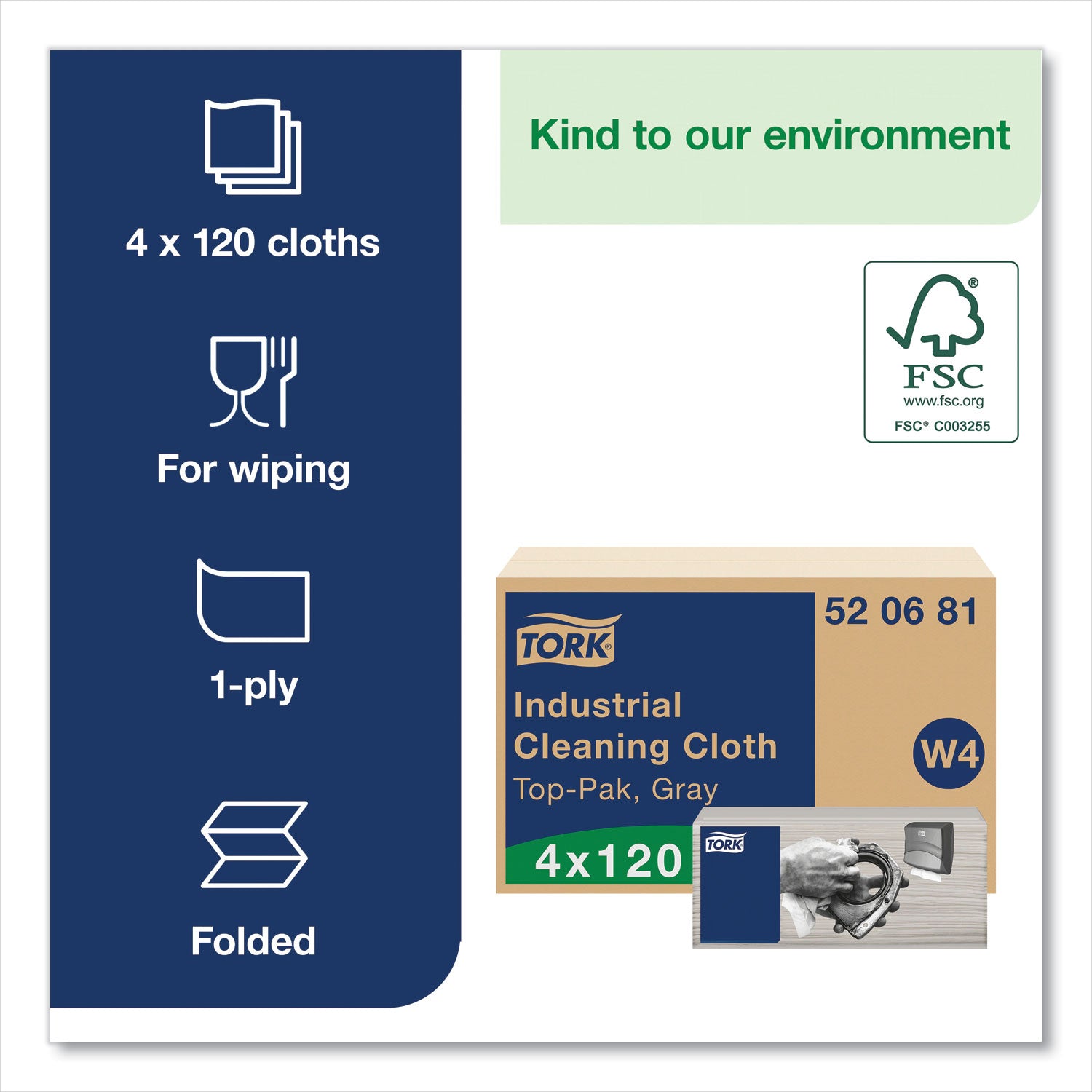 TORK Industrial Cleaning Cloth Gray W4 - 1 Ply - 13.98" x 16.34" - Gray - Cellulose, Polyester, Polypropylene - Soft, Flexible, Disposable, Absorbent, Non-scratching, Embossed - For Multipurpose - 120 / Pack