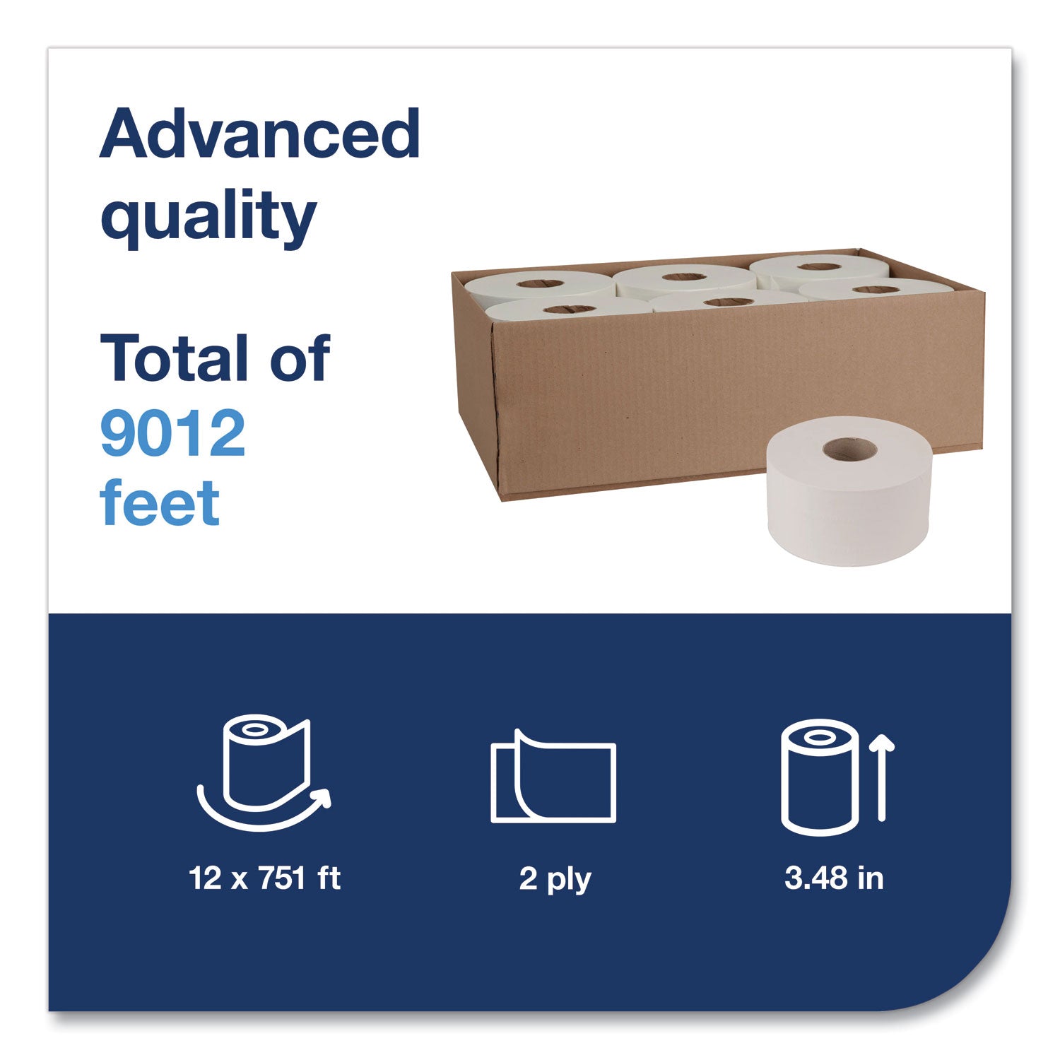 Advanced Jumbo Bath Tissue, Septic Safe, 2-Ply, White, 3.48" x 751 ft, 12 Rolls/Carton