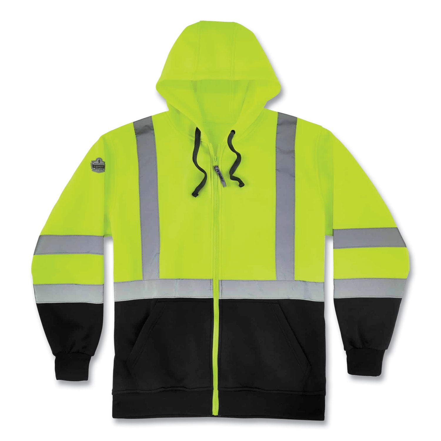 glowear-8372-zipup-hivis-class-3-zip-hood-sweatshirt-w-black-bottom-polar-fleece-lime-medium-ships-in-1-3-business-days_ego21849 - 1