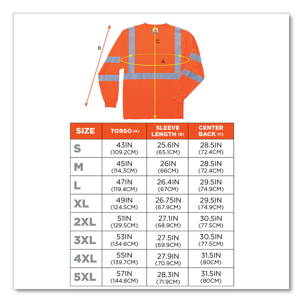 GloWear 8391 Class 3 Hi-Vis Long Sleeve Shirt, Polyester, Orange, 2X-Large, Ships in 1-3 Business Days