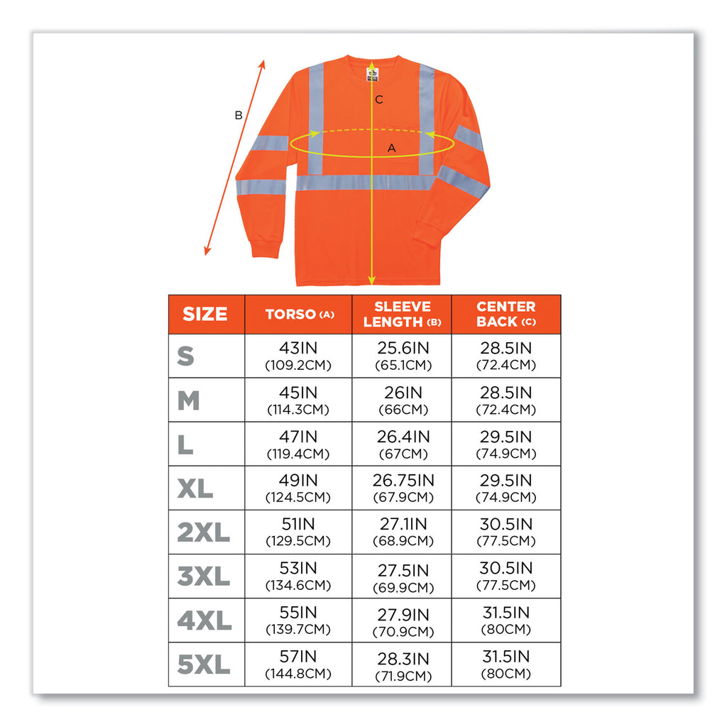 GloWear 8391 Class 3 Hi-Vis Long Sleeve Shirt, Polyester, Orange, 4X-Large, Ships in 1-3 Business Days