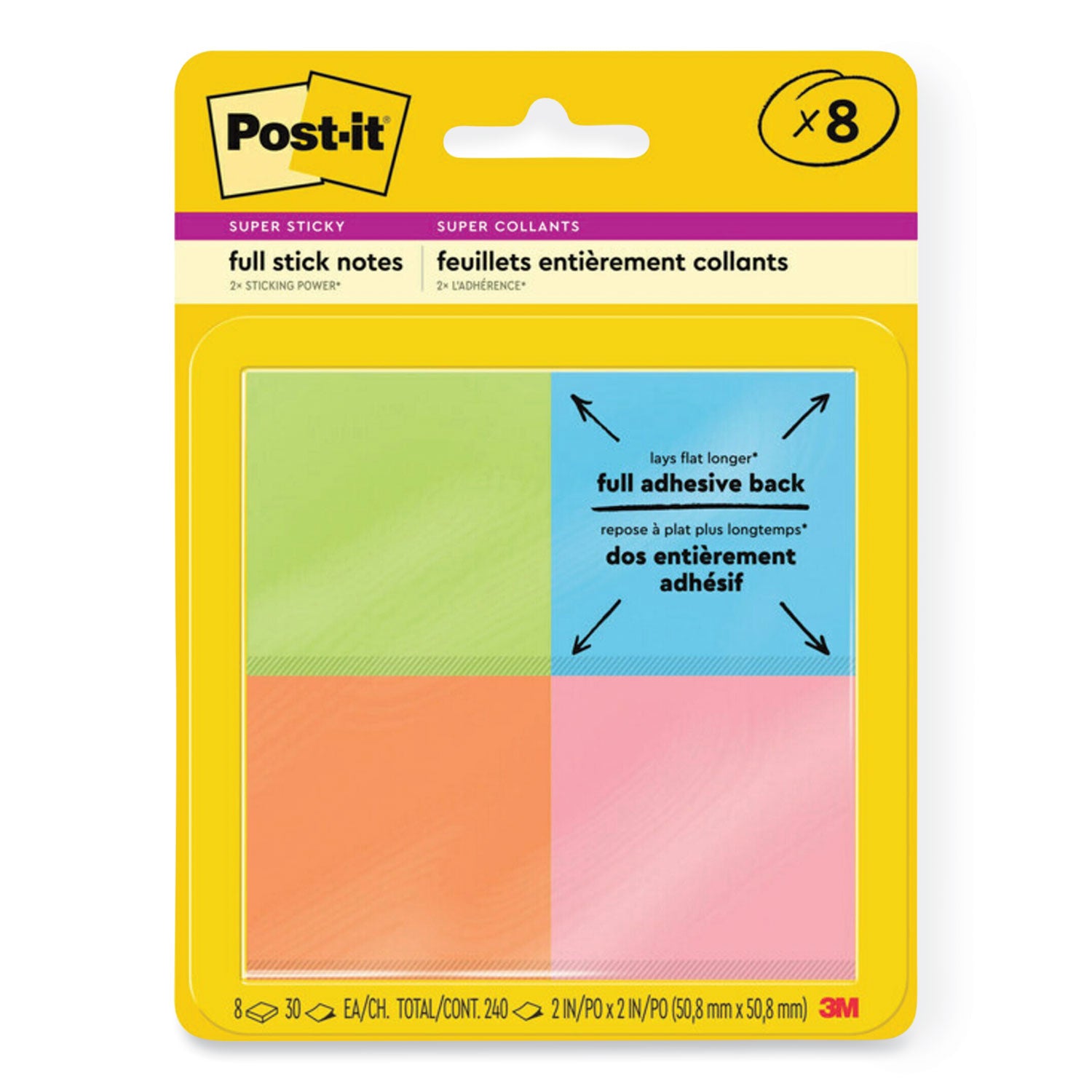 Full Stick Notes, 2" x 2", Energy Boost Collection Colors, 25 Sheets/Pad, 8 Pads/Pack - 