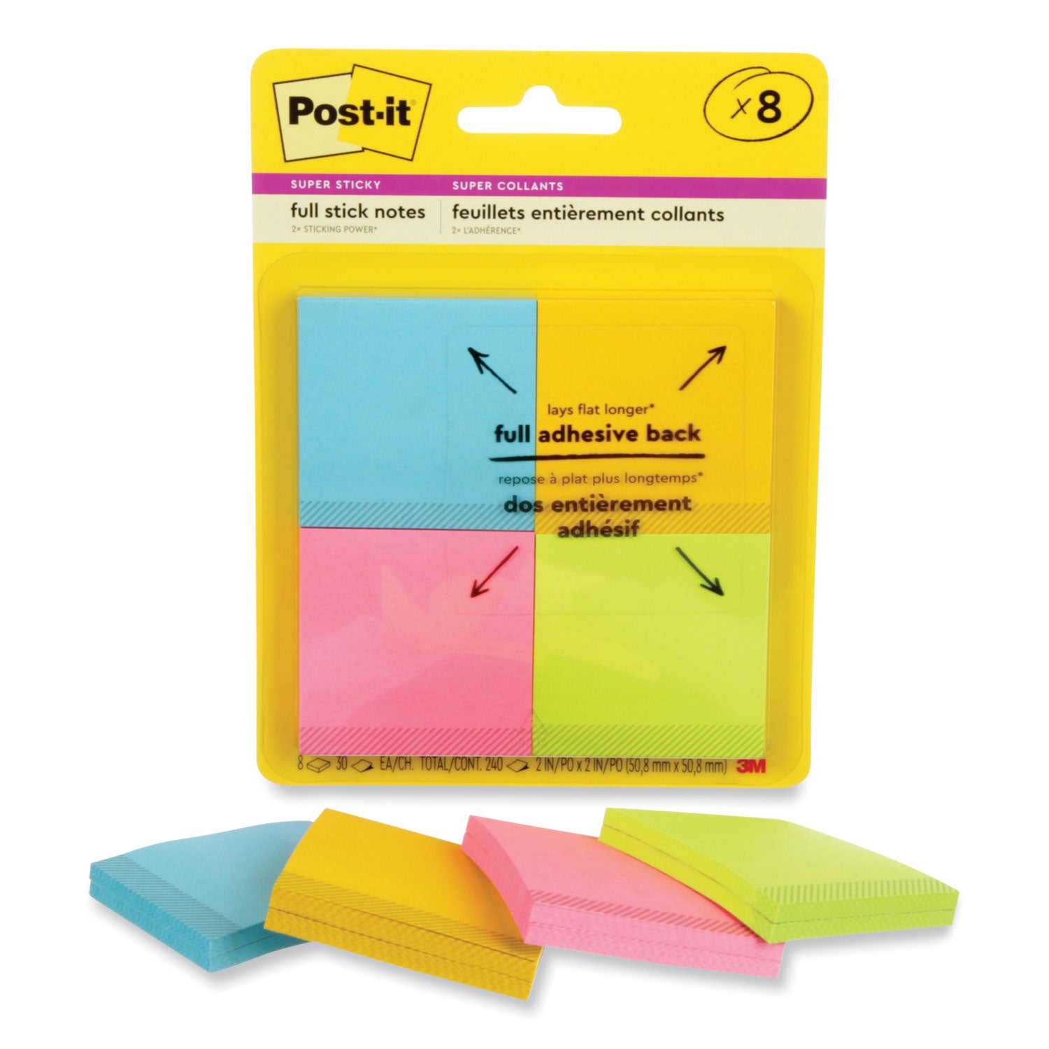 Full Stick Notes, 2" x 2", Energy Boost Collection Colors, 25 Sheets/Pad, 8 Pads/Pack - 