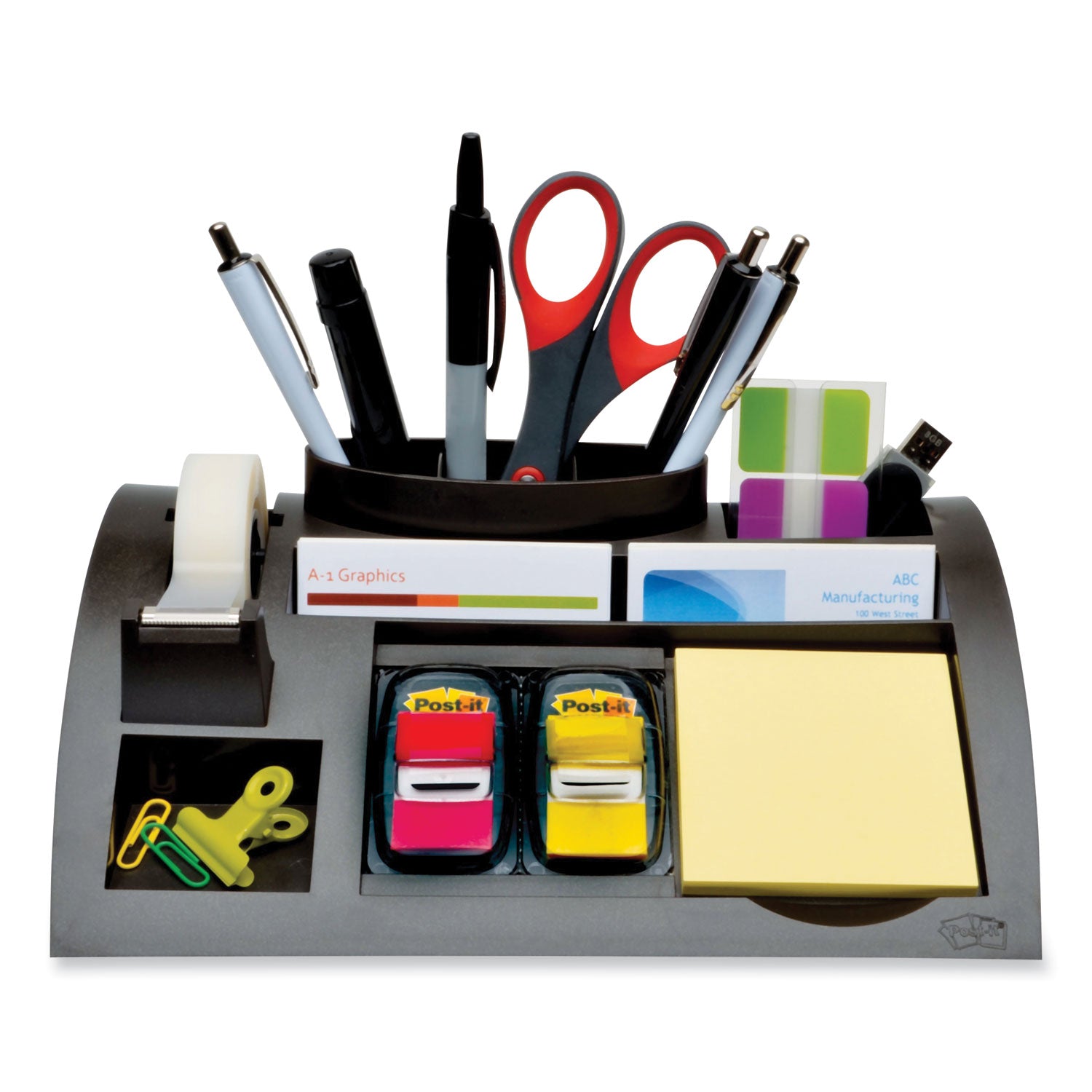 Notes Dispenser with Weighted Base, 9 Compartments, Plastic, 10.25 x 6.75 x 2.75, Black - 