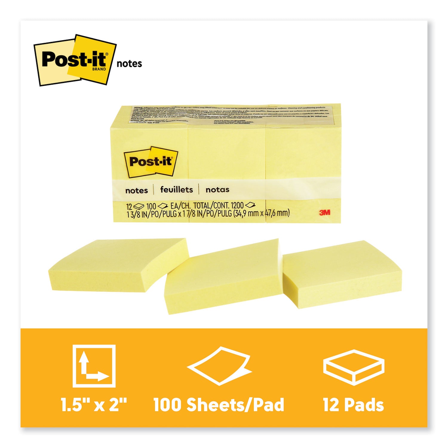 Original Pads in Canary Yellow, 1.38" x 1.88", 100 Sheets/Pad, 12 Pads/Pack - 