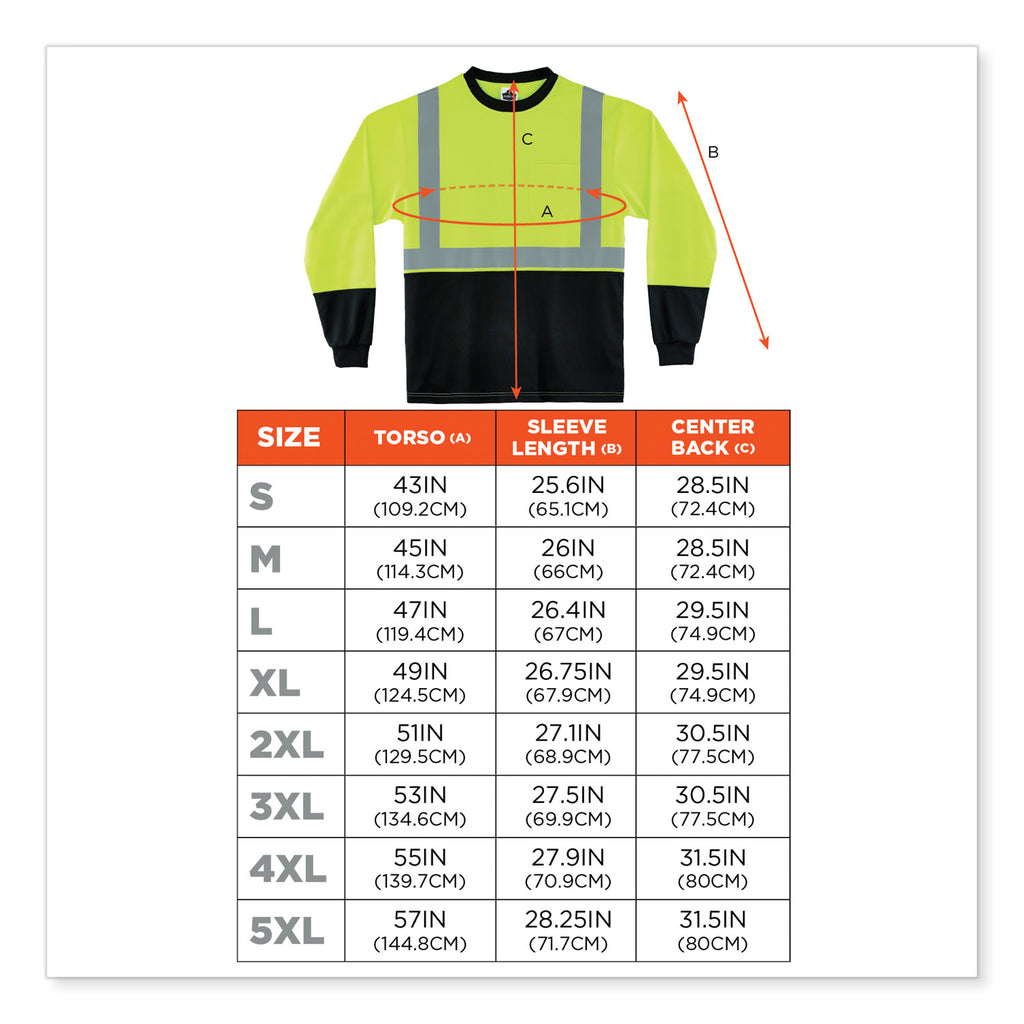 GloWear 8291BK Type R Class 2 Black Front Long Sleeve T-Shirt, Polyester, 2X-Large, Lime, Ships in 1-3 Business Days