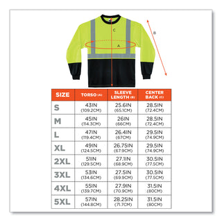 GloWear 8291BK Type R Class 2 Black Front Long Sleeve T-Shirt, Polyester, Small, Lime, Ships in 1-3 Business Days