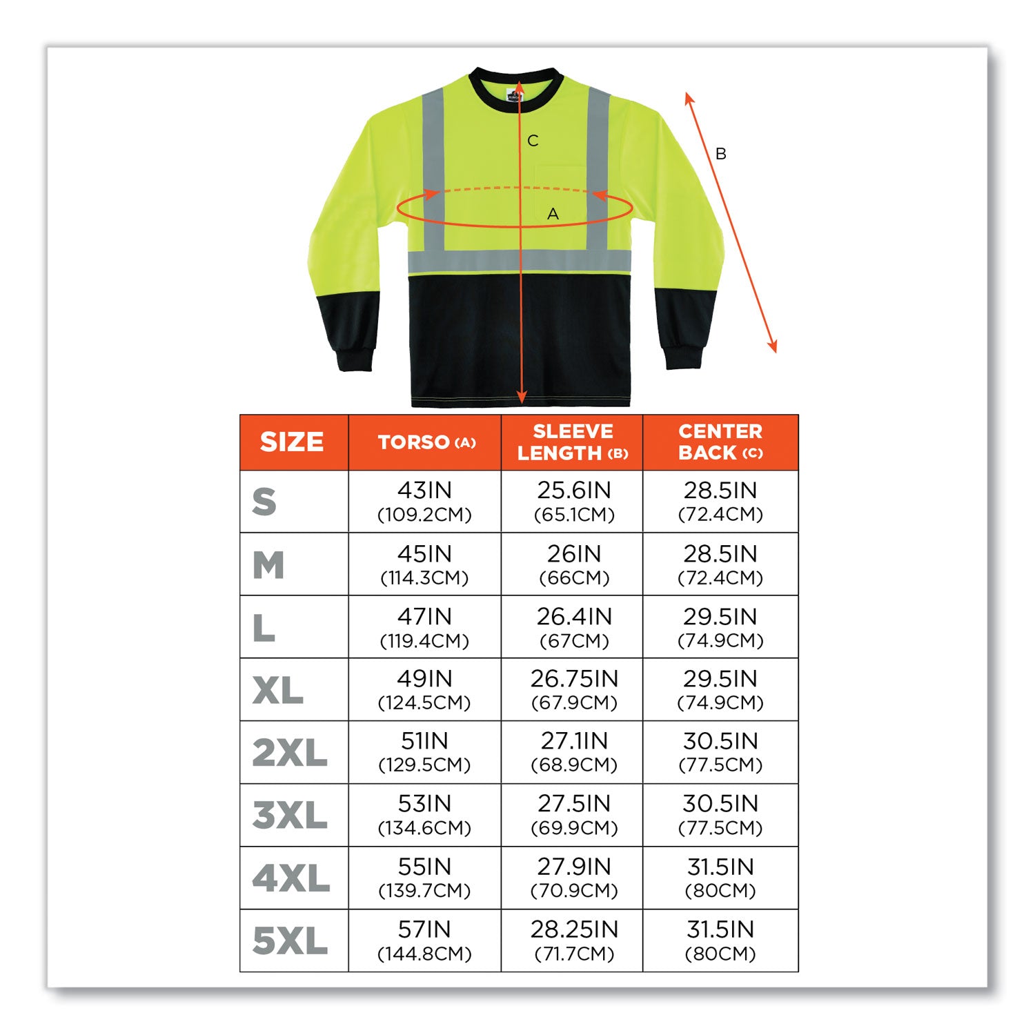 GloWear 8291BK Type R Class 2 Black Front Long Sleeve T-Shirt, Polyester, Small, Lime, Ships in 1-3 Business Days