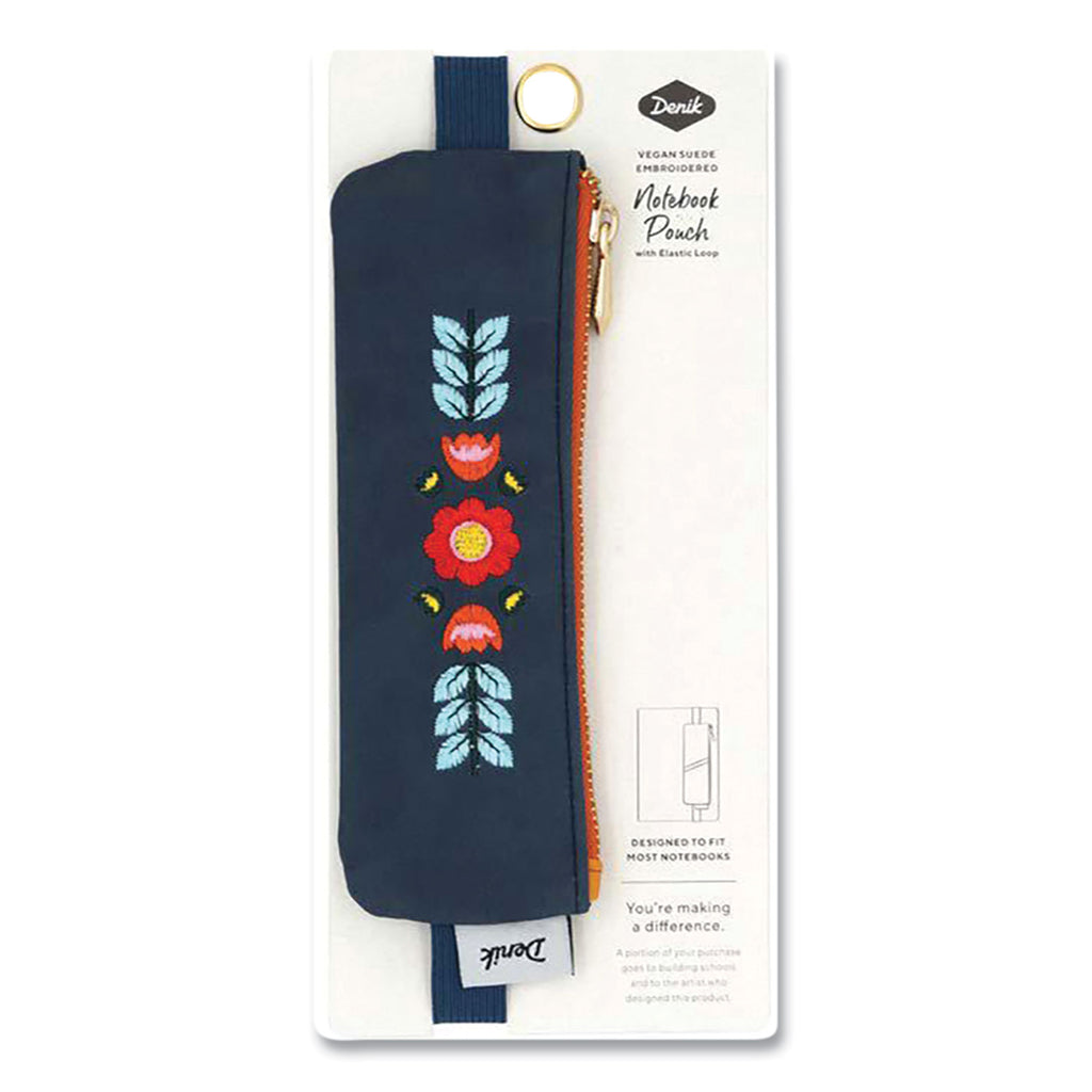 Evelynn Zipper Vegan Suede Notebook Pouch, 2 x 6.5, Blue with Embroidered Flower