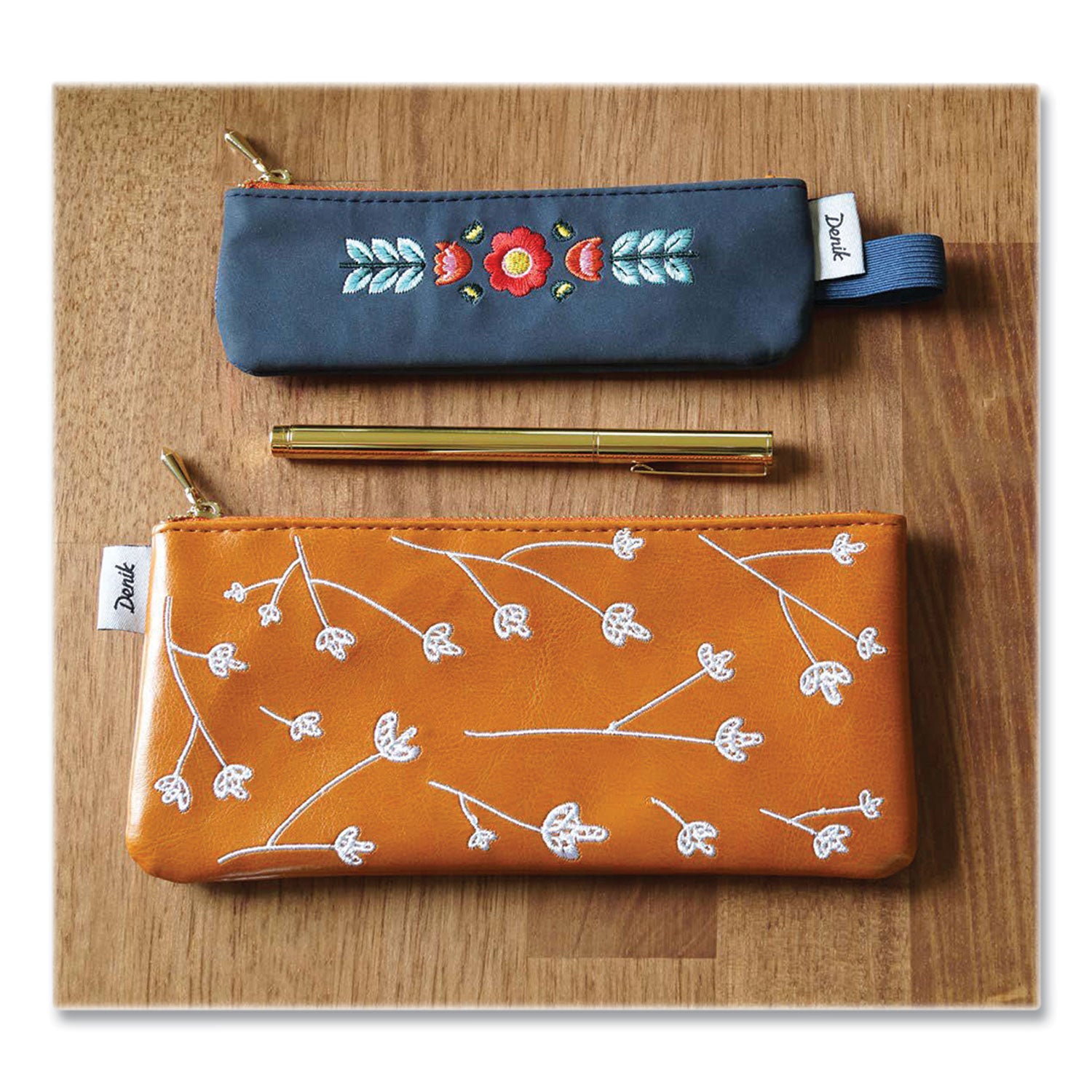 Evelynn Zipper Vegan Suede Notebook Pouch, 2 x 6.5, Blue with Embroidered Flower
