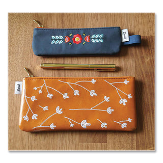 Evelynn Zipper Vegan Suede Notebook Pouch, 2 x 6.5, Blue with Embroidered Flower
