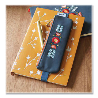 Evelynn Zipper Vegan Suede Notebook Pouch, 2 x 6.5, Blue with Embroidered Flower
