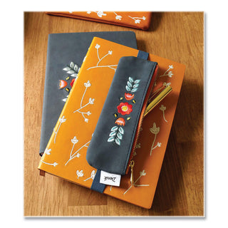 Evelynn Zipper Vegan Suede Notebook Pouch, 2 x 6.5, Blue with Embroidered Flower