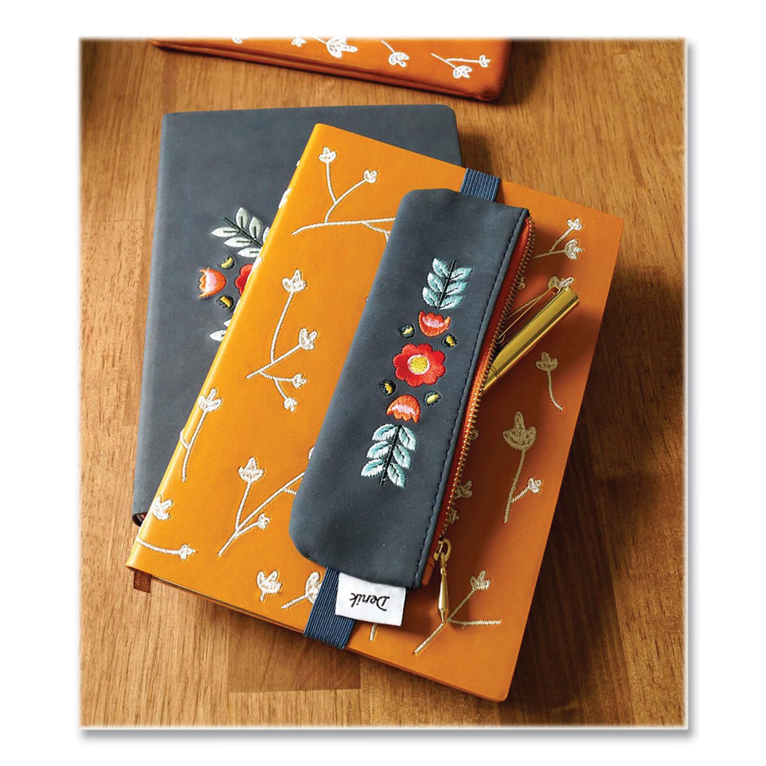 Evelynn Zipper Vegan Suede Notebook Pouch, 2 x 6.5, Blue with Embroidered Flower