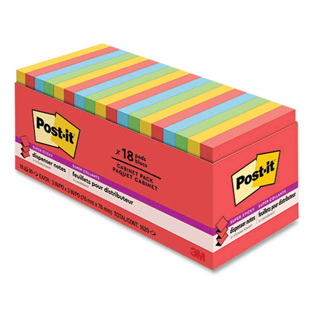 Post-it Super Sticky Dispenser Notes - Playful Primaries Color Collection - 3" x 3" - Square - Candy Apple Red, Blue Paradise, Sunnyside, Lucky Green - Paper - Pop-up, Recyclable - 18 / Pack