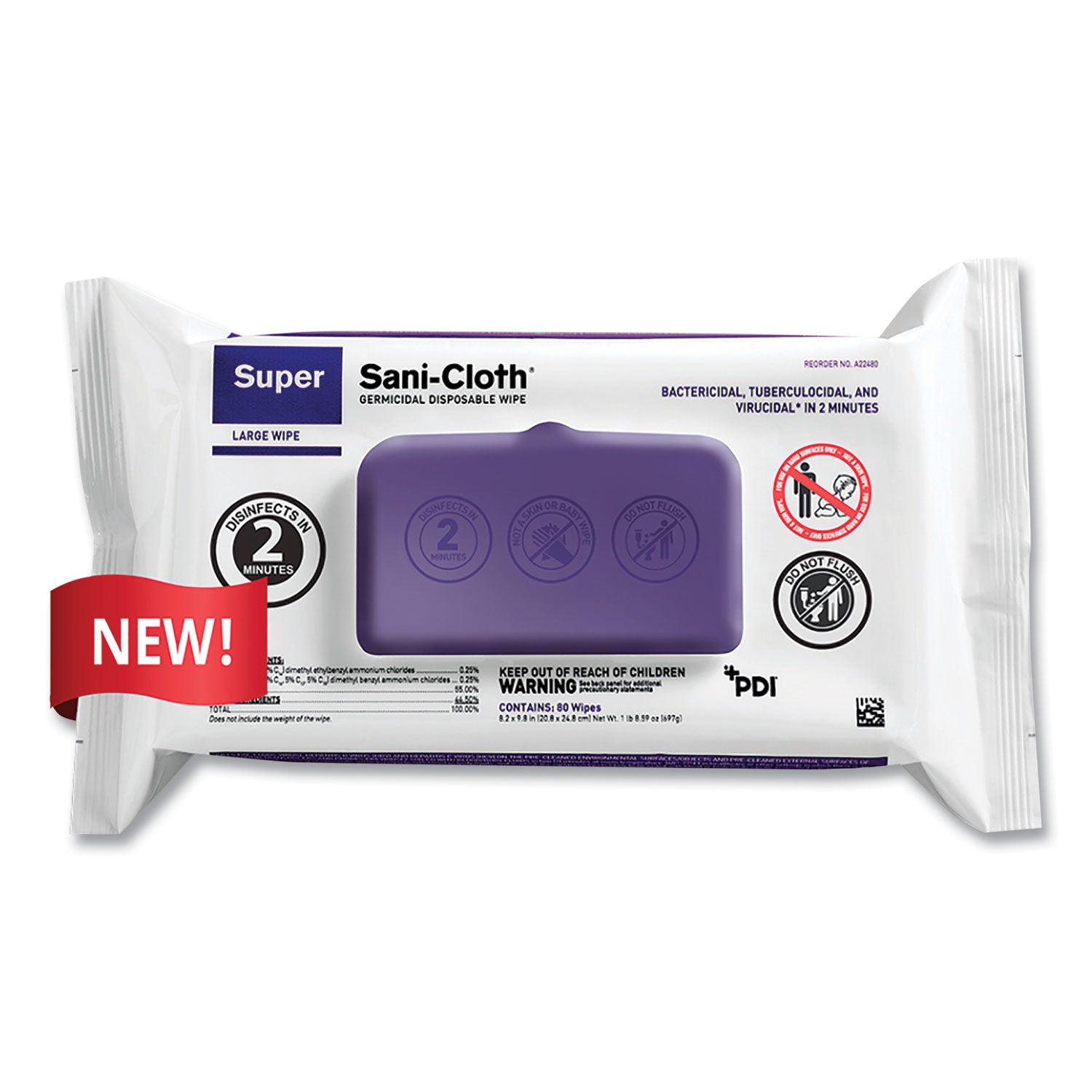 super-sani-cloth-germicidal-disposable-wipes-large-1-ply-82-x-98-unscented-white-80-pack_pdia22480 - 1