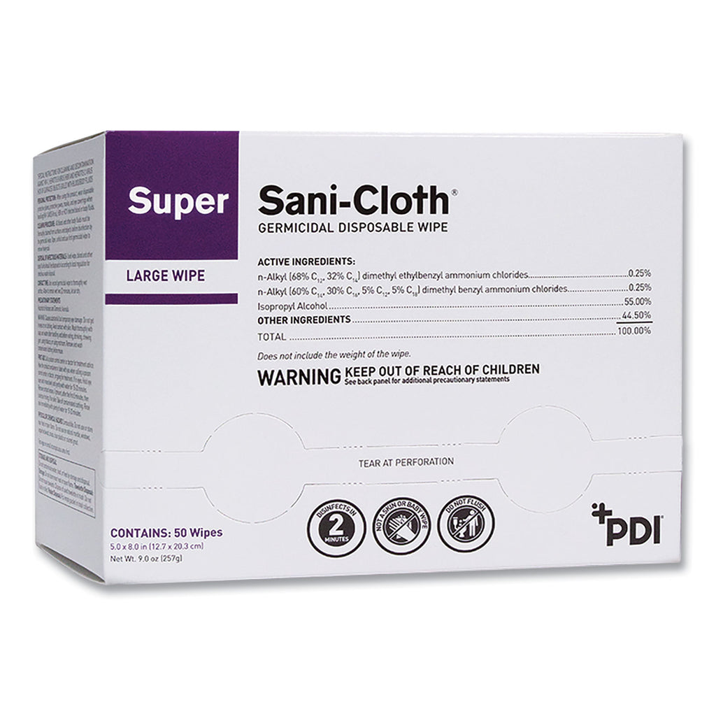 Super Sani-Cloth Individually Wrapped Germicidal Disposable Wipes, Large, 1-Ply, 5 x 8, Unscented, White, 50/Pack