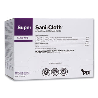 Super Sani-Cloth Individually Wrapped Germicidal Disposable Wipes, Large, 1-Ply, 5 x 8, Unscented, White, 50/Pack
