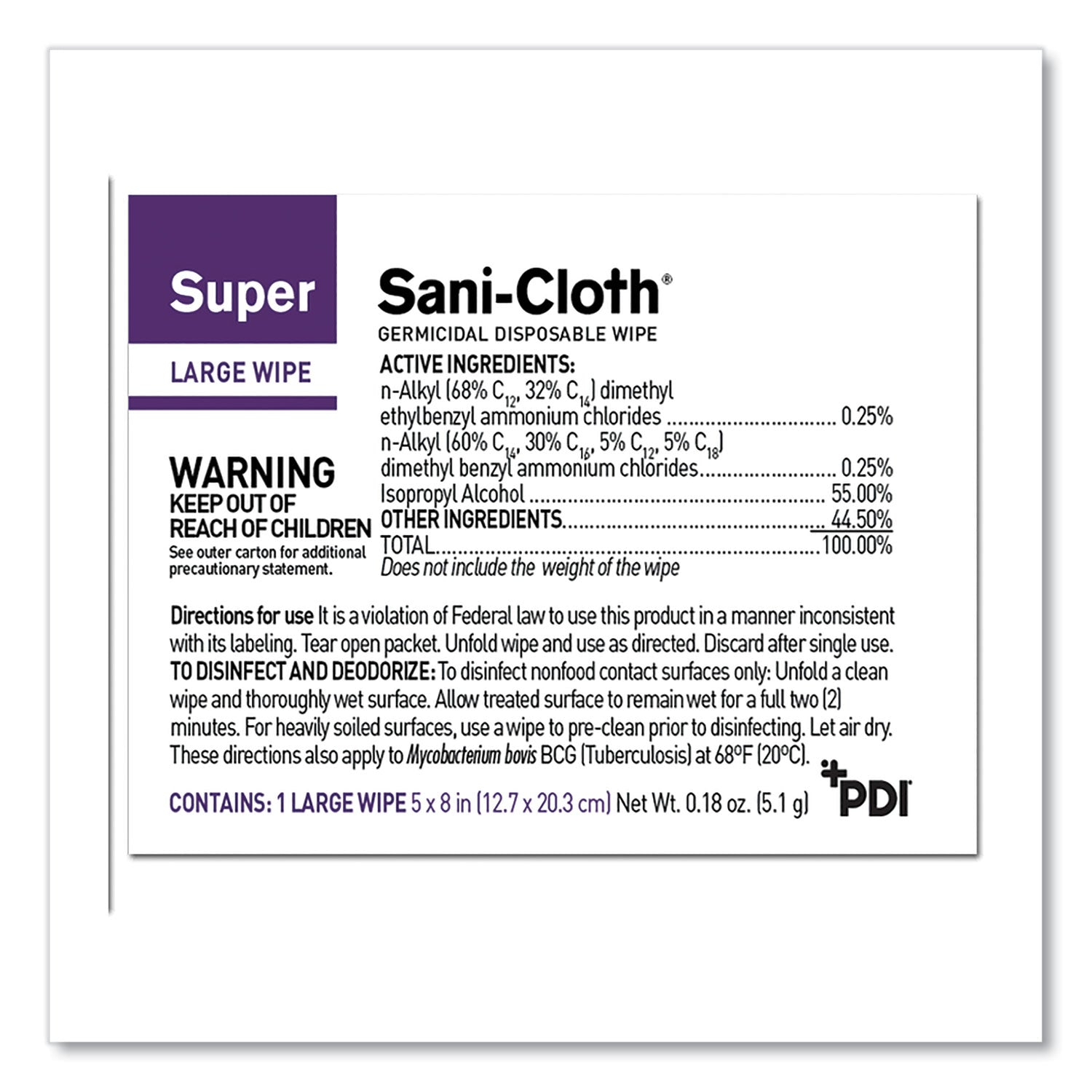 Super Sani-Cloth Individually Wrapped Germicidal Disposable Wipes, Large, 1-Ply, 5 x 8, Unscented, White, 50/Pack