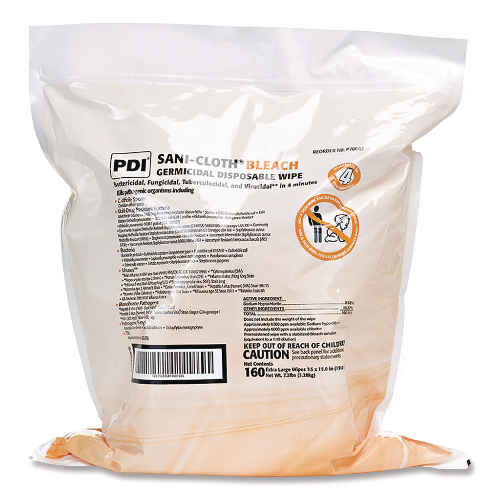 Sani-Cloth Bleach Germicidal Disposable Wipe Refill, 1-Ply, 7.5 x 15, Unscented, White, 160/Bag, 2 Bags/Carton