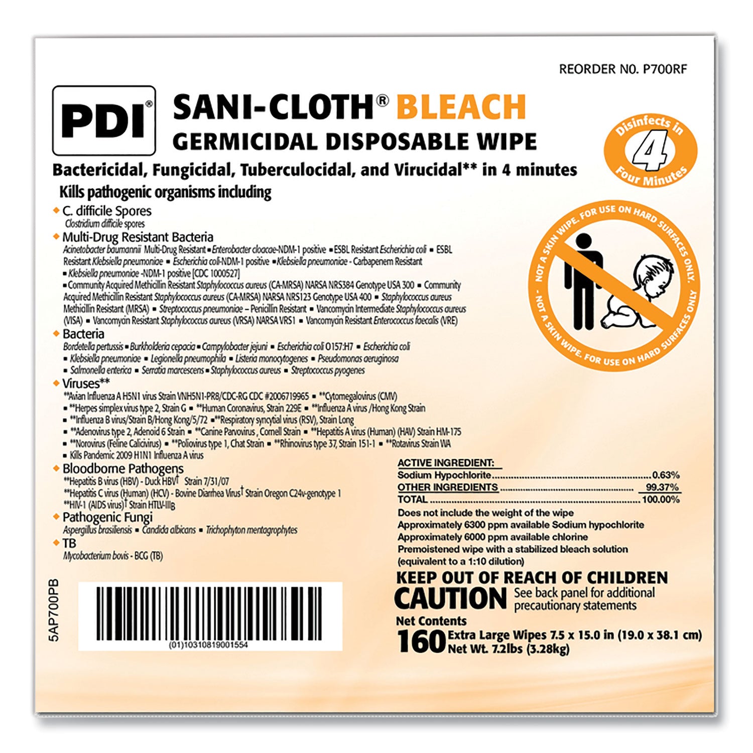 Sani-Cloth Bleach Germicidal Disposable Wipe Refill, 1-Ply, 7.5 x 15, Unscented, White, 160/Bag, 2 Bags/Carton