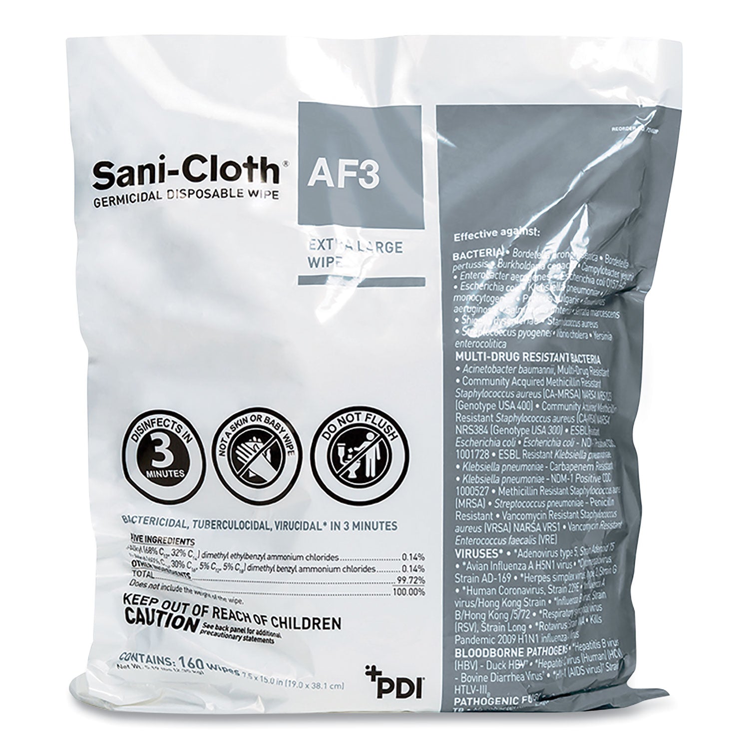 sani-cloth-af3-germicidal-disposable-wipe-refill-extra-large-1-ply-75-x-15-unscented-white-160-wipes-bag2-bags-carton_pdip2450p - 1