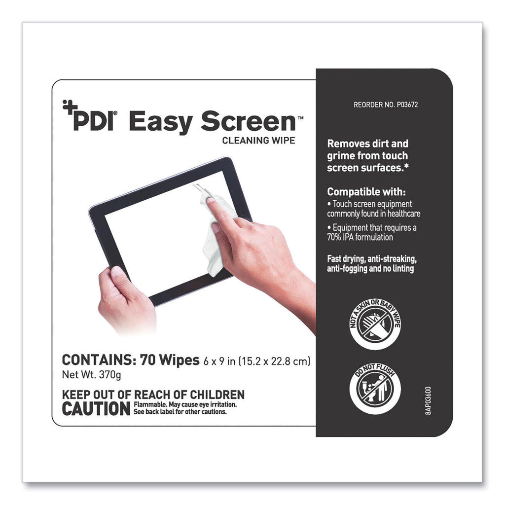 PDI Easy Screen Cleaning Wipes, 1-Ply, 9 x 6, Unscented, White, 70/Pack