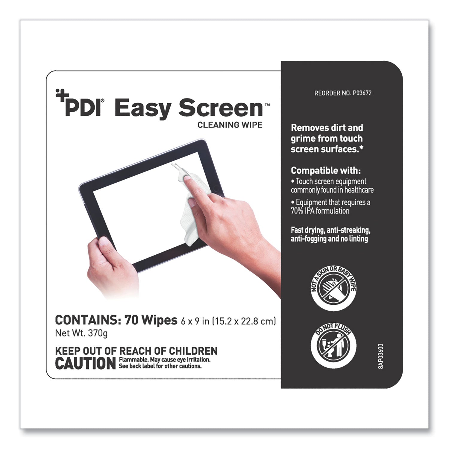 PDI Easy Screen Cleaning Wipes, 1-Ply, 9 x 6, Unscented, White, 70/Pack