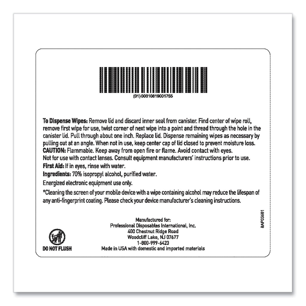 PDI Easy Screen Cleaning Wipes, 1-Ply, 9 x 6, Unscented, White, 70/Pack