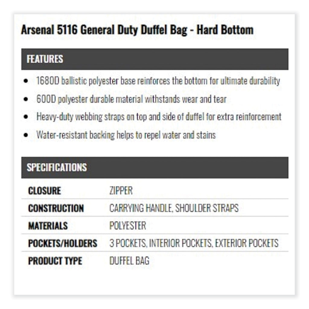Arsenal 5116 General Duty Gear Bag, 9.5 x 23.5 x 12, Black, Ships in 1-3 Business Days
