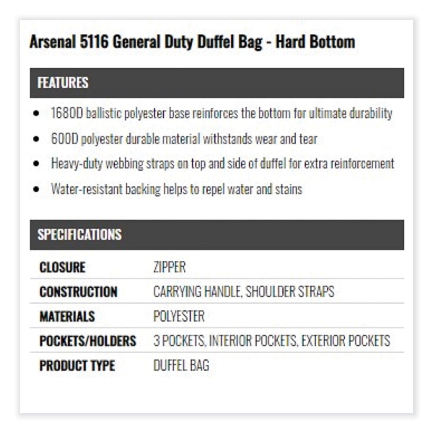 Arsenal 5116 General Duty Gear Bag, 9.5 x 23.5 x 12, Black, Ships in 1-3 Business Days