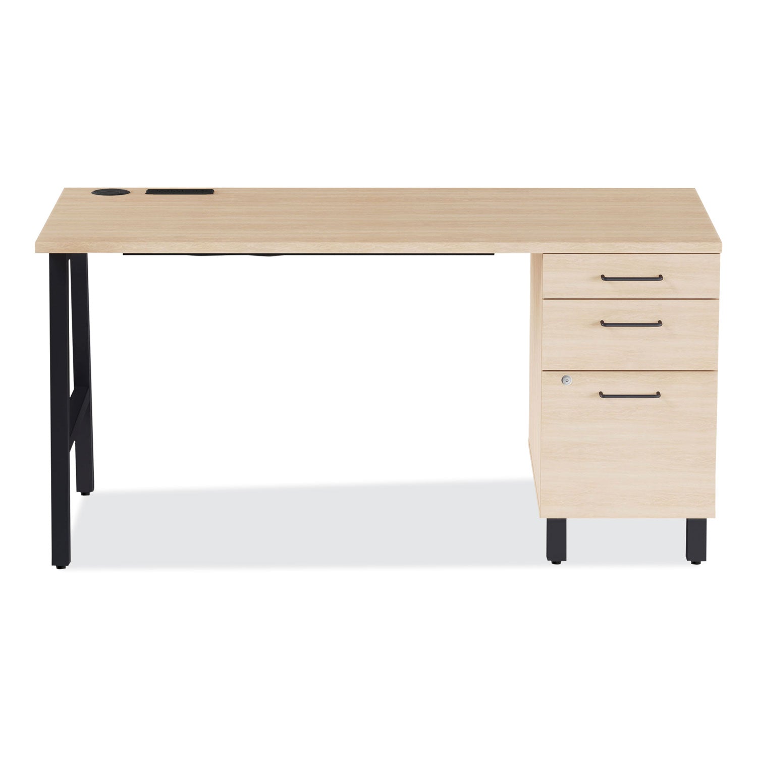 Essentials Single-Pedestal Writing Desk with Integrated Power Management, 59.8" x 29.9" x 29.7", Natural Wood/Black