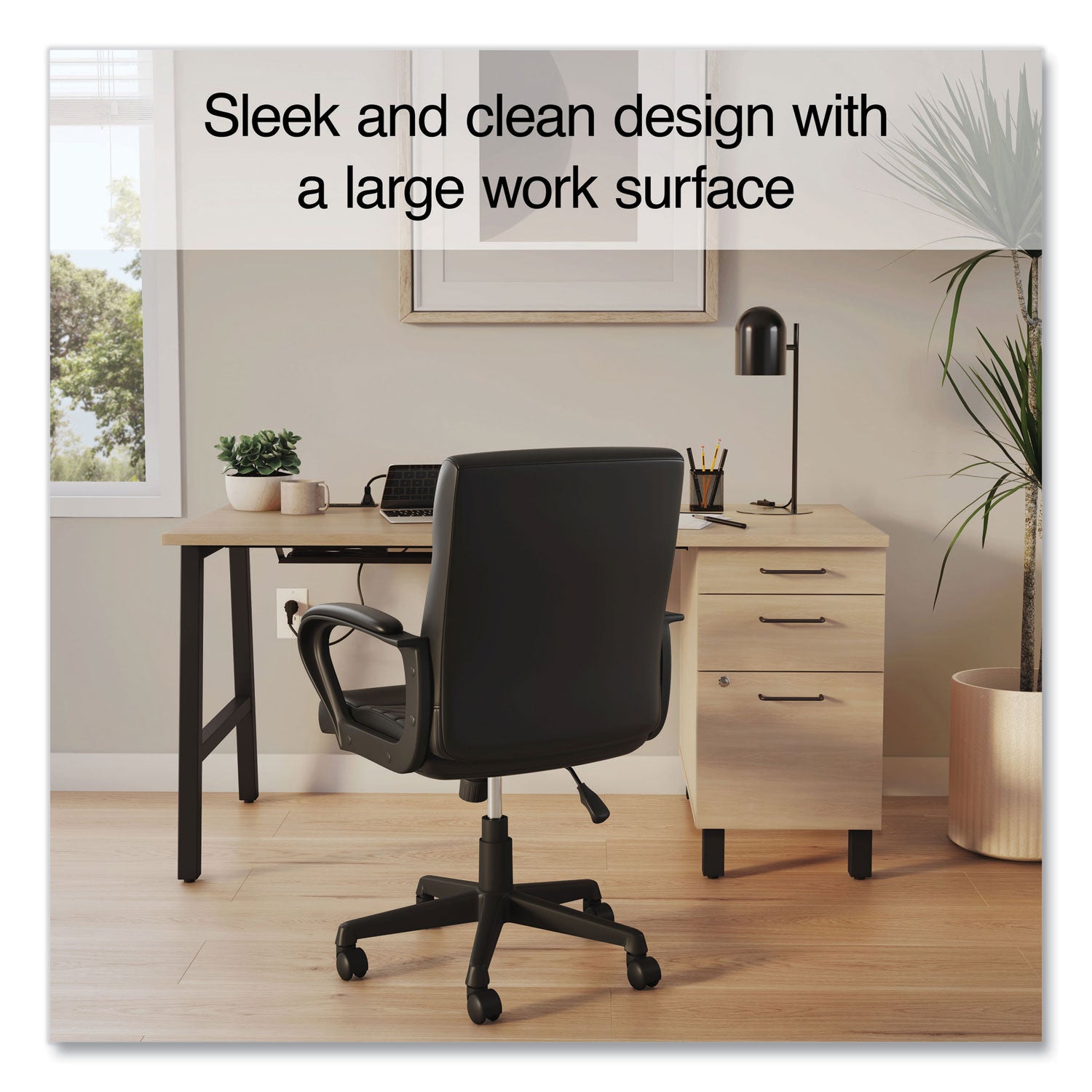 Essentials Single-Pedestal Writing Desk with Integrated Power Management, 59.8" x 29.9" x 29.7", Natural Wood/Black