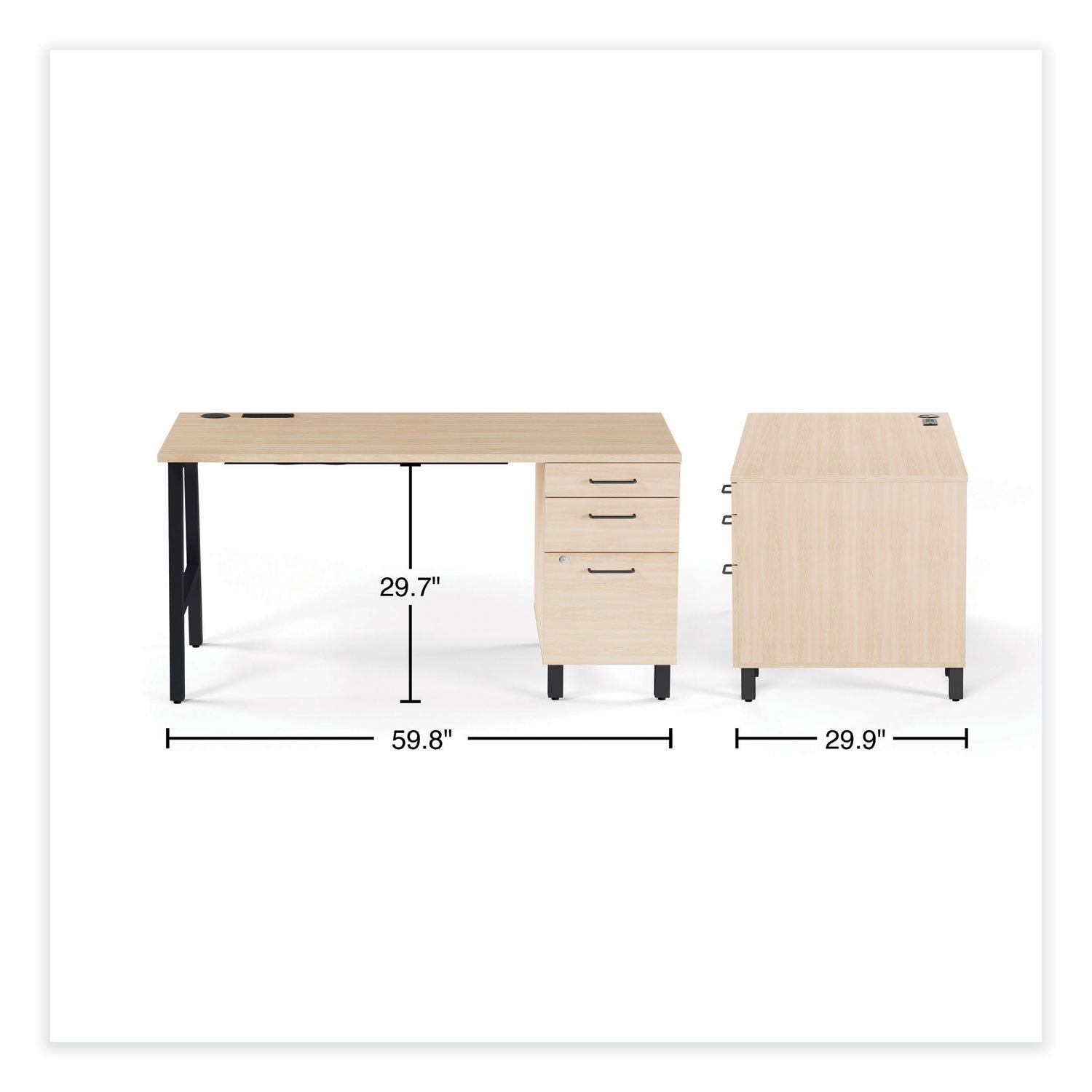Essentials Single-Pedestal Writing Desk with Integrated Power Management, 59.8" x 29.9" x 29.7", Natural Wood/Black