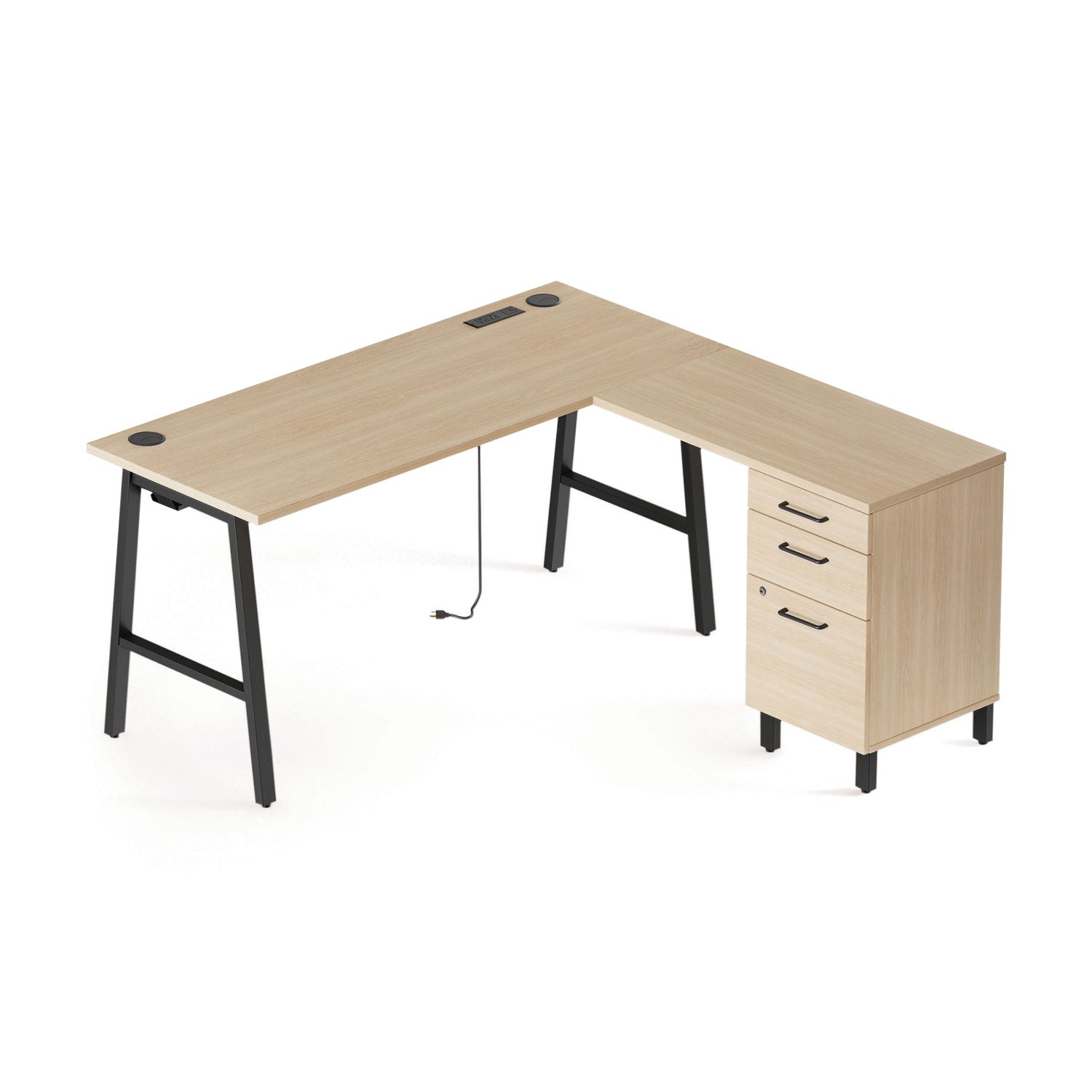 essentials-single-pedestal-l-shaped-desk-with-integrated-power-management-598-x-598-x-297-natural-wood-black_uos60420cc - 1