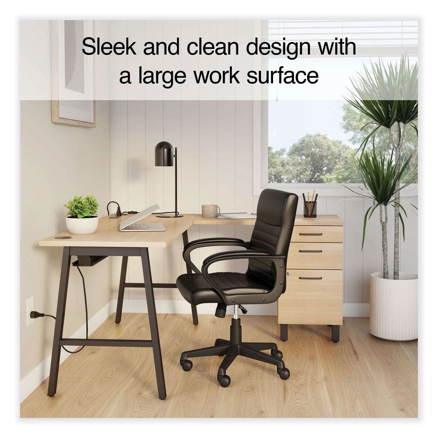 Essentials Single-Pedestal L-Shaped Desk with Integrated Power Management, 59.8" x 59.8 x 29.7", Natural Wood/Black